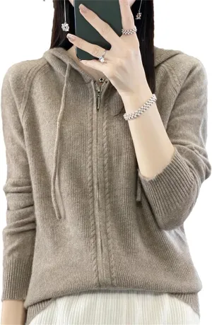 100% Merino Wool Sweater Women Hoodie Cardigan Zipper Long Sleeve Casual Loose Cashmere Knitted Coat