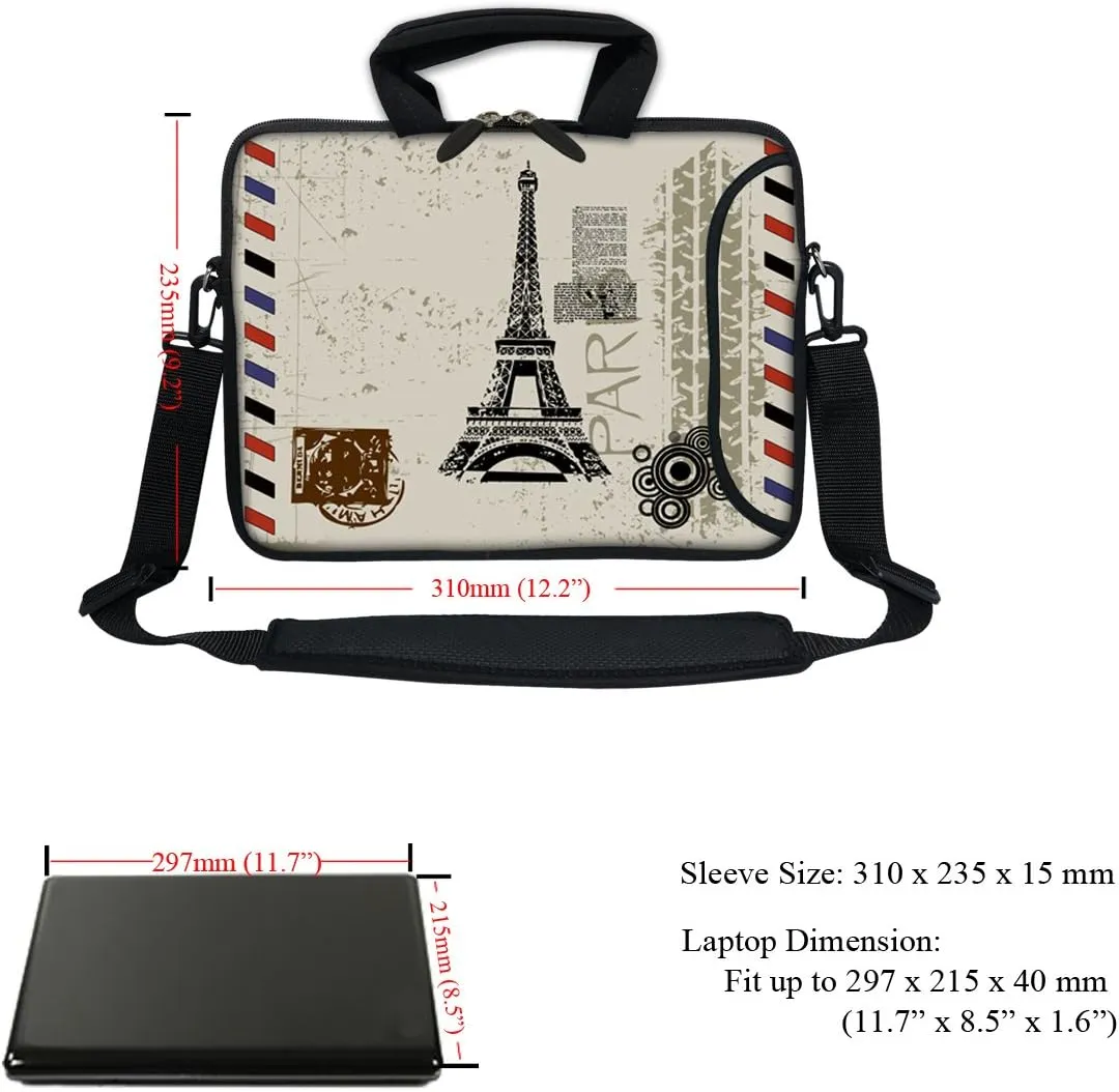 12 Inch Water Resistant Neoprene Laptop Bag with Reinforced Zipper, Strap, Pockets, Fits 11.6" to 12.3" Laptops
