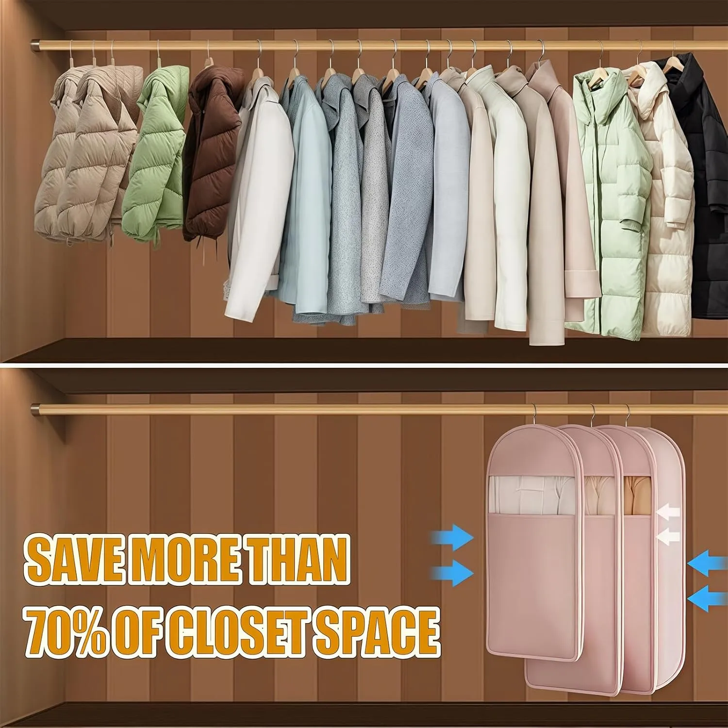 2025 Space Saving Hanging Garment Bag with Self Compression Zipper, Coat Storage Bag Hanging, Space Saver Coat Storage Bags,Dust Cover Clothes Bags for down Coats (Beige,Large)