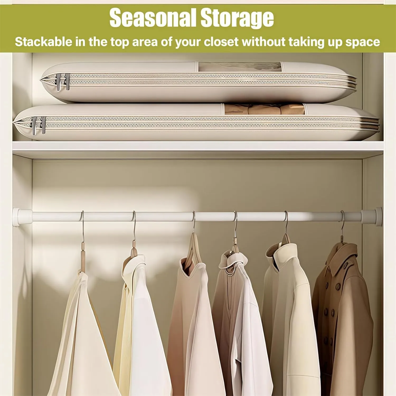 2025 Space Saving Hanging Garment Bag with Self Compression Zipper, Coat Storage Bag Hanging, Space Saver Coat Storage Bags,Dust Cover Clothes Bags for down Coats (Beige,Large)