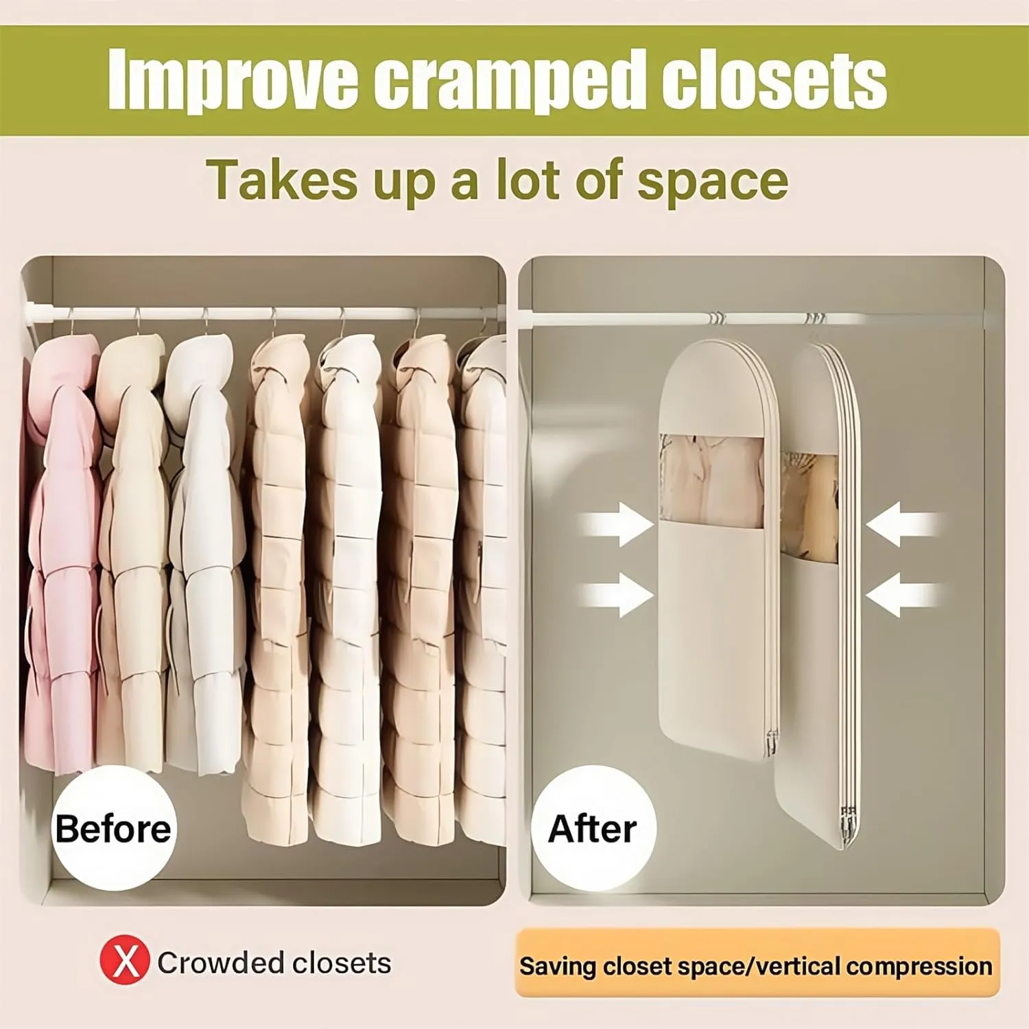 2025 Space Saving Hanging Garment Bag with Self Compression Zipper, Coat Storage Bag Hanging, Space Saver Coat Storage Bags,Dust Cover Clothes Bags for down Coats (Beige,Large)