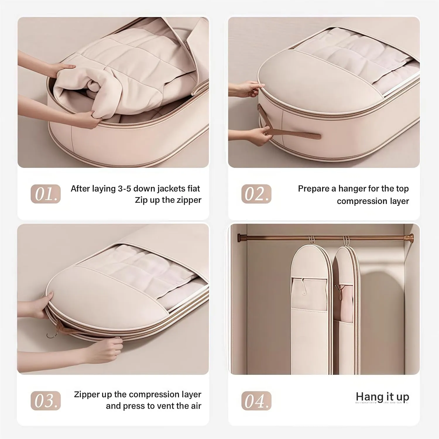 2025 Space Saving Hanging Garment Bag with Self Compression Zipper, Coat Storage Bag Hanging, Space Saver Coat Storage Bags,Dust Cover Clothes Bags for down Coats (Beige,Large)
