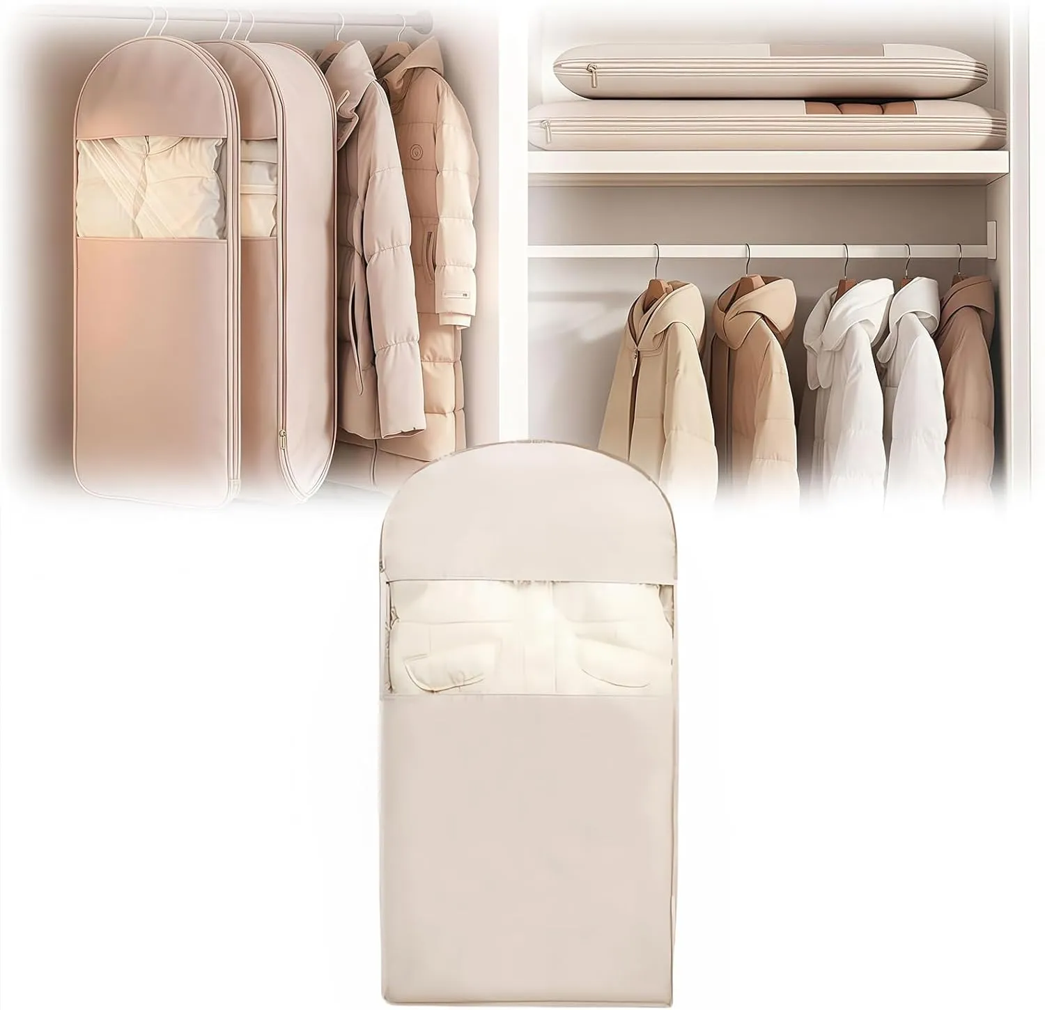 2025 Space Saving Hanging Garment Bag with Self Compression Zipper, Coat Storage Bag Hanging, Space Saver Coat Storage Bags,Dust Cover Clothes Bags for down Coats (Beige,Large)
