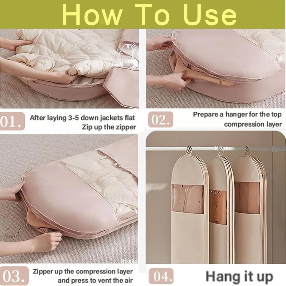 2025 Space Saving Hanging Garment Bag with Self Compression Zipper Down Coat Dust Cover Clothes Bags Transparent (Pink,XL)
