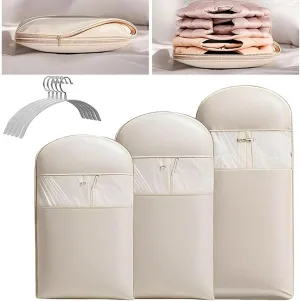 2025 Space Saving Hanging Garment Bag with Self Compression Zipper, Dust Cover Clothes Bags for Down Coat, Space Saver Closet Organizers, Coats Travel Essential (Beige, X-Large)