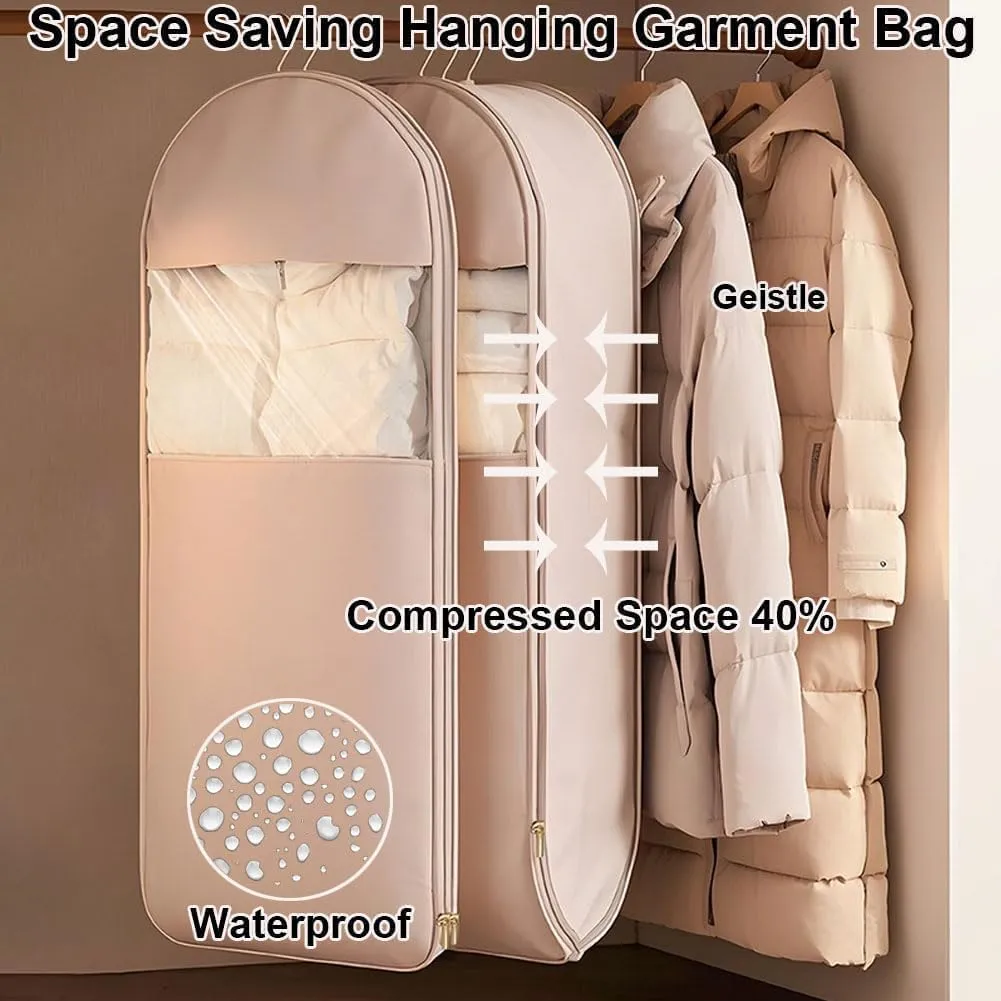 2025 Space Saving Hanging Garment Bag with Self Compression Zipper, Dust Cover Clothes Bags for Down Coat, Space Saver Closet Organizers, Coats Travel Essential (Beige, X-Large)