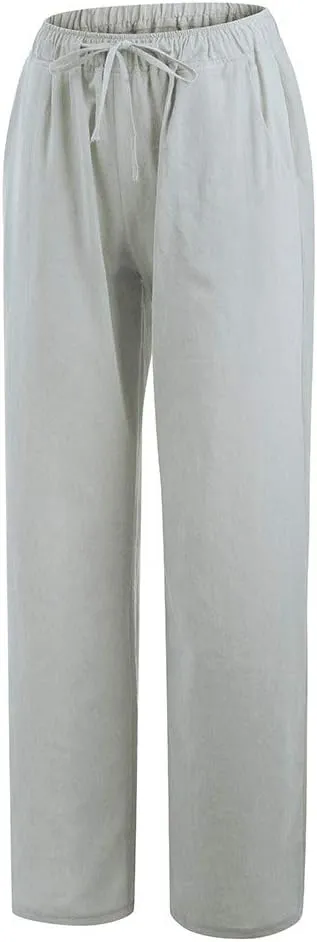 2025 Summer Linen Pants Women High Waisted Lightweight Casual Pants Solid Loose Straight Leg Trousers with Pockets