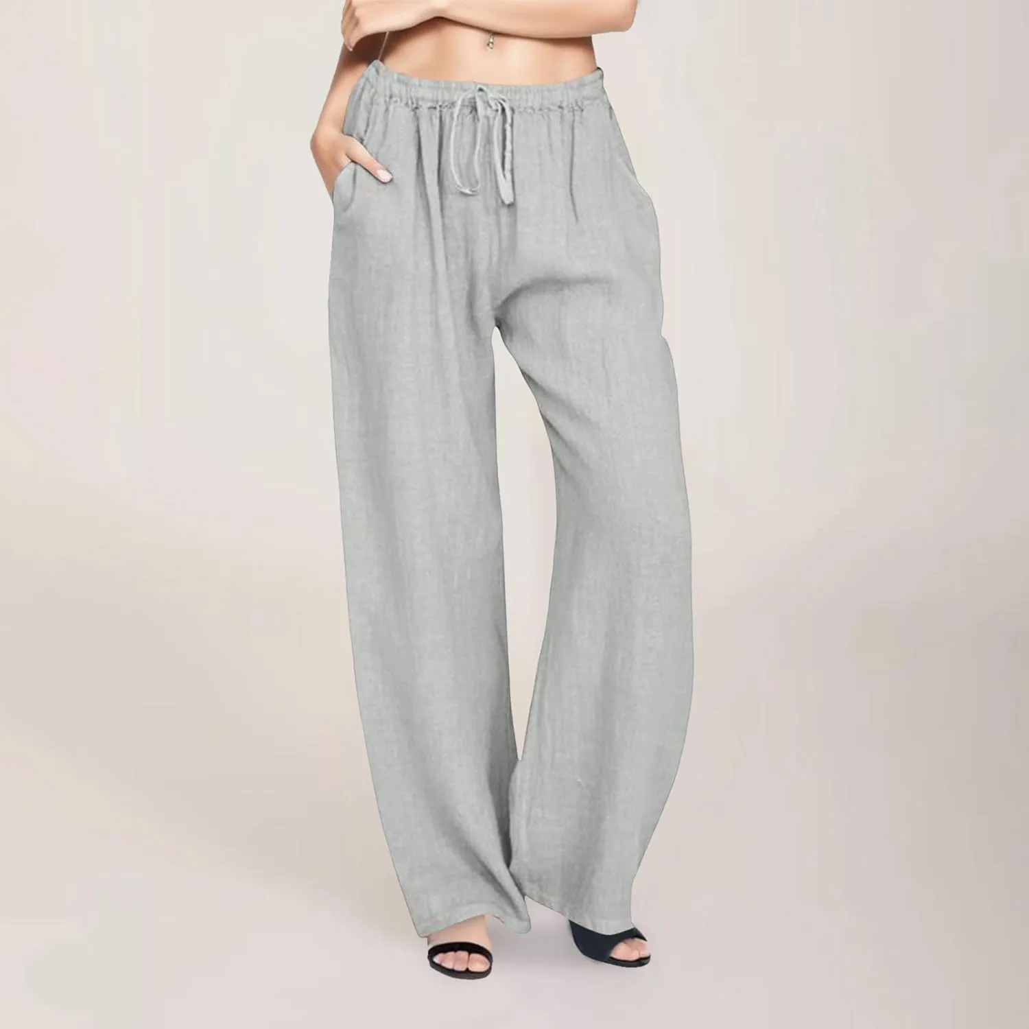 2025 Summer Linen Pants Women High Waisted Lightweight Casual Pants Solid Loose Straight Leg Trousers with Pockets