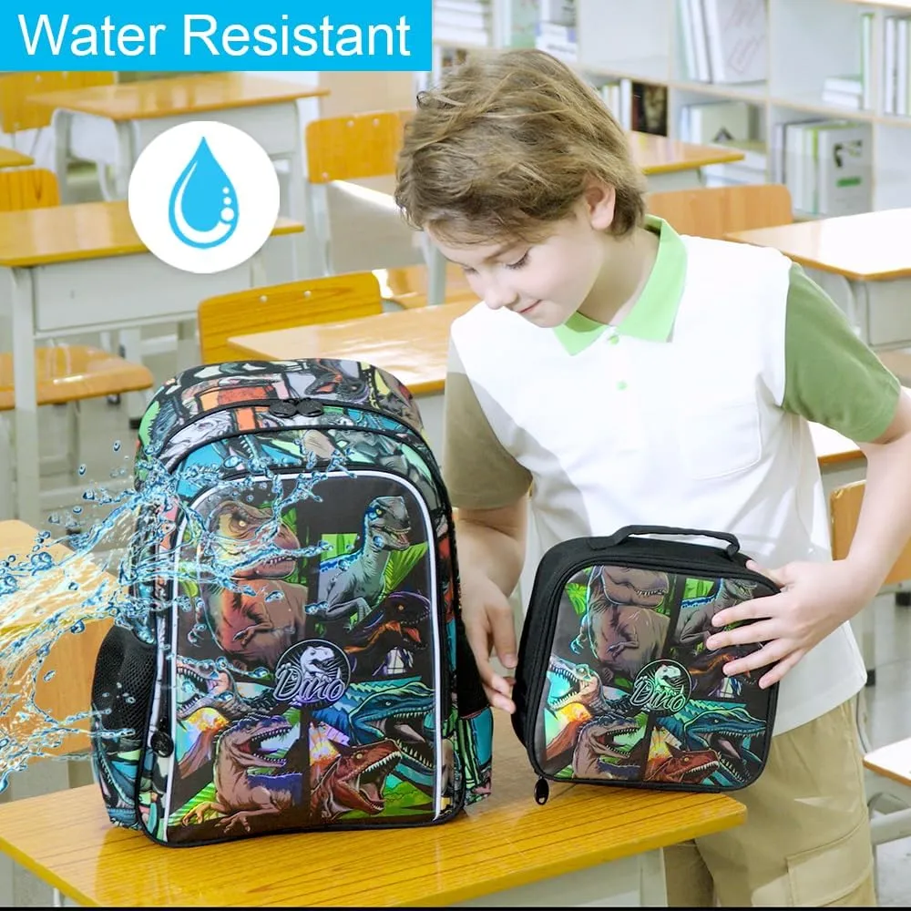 3PCS Dinosaur Backpack for Boys, 16 Inch Kids Water Resistant Preschool Elementary Kindergarten Bookbags and Lunch Box