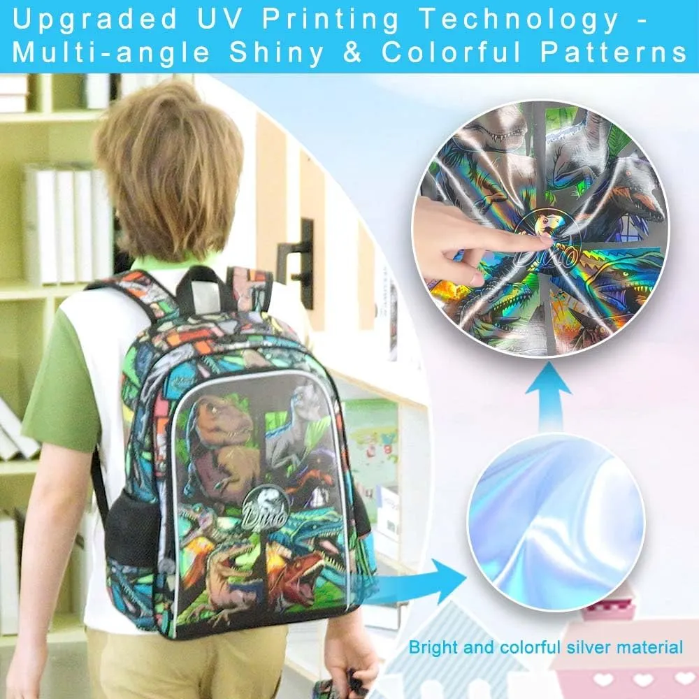 3PCS Dinosaur Backpack for Boys, 16 Inch Kids Water Resistant Preschool Elementary Kindergarten Bookbags and Lunch Box