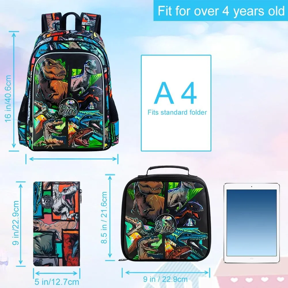 3PCS Dinosaur Backpack for Boys, 16 Inch Kids Water Resistant Preschool Elementary Kindergarten Bookbags and Lunch Box