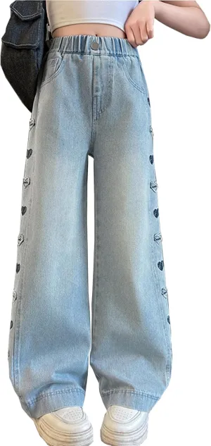5-14 yrs Kids Girls Jeans Distressed Elastic Waist Baggy Denim Wide Leg Pants Trousers
