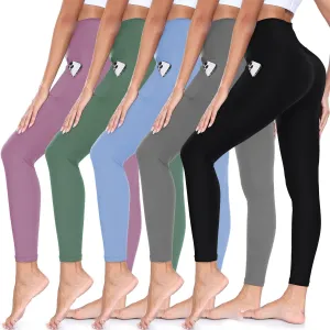 5 Pack Leggings for Women High Waisted No See-Through Soft Tummy Control Black Pants for Running Yoga Athletic Workout