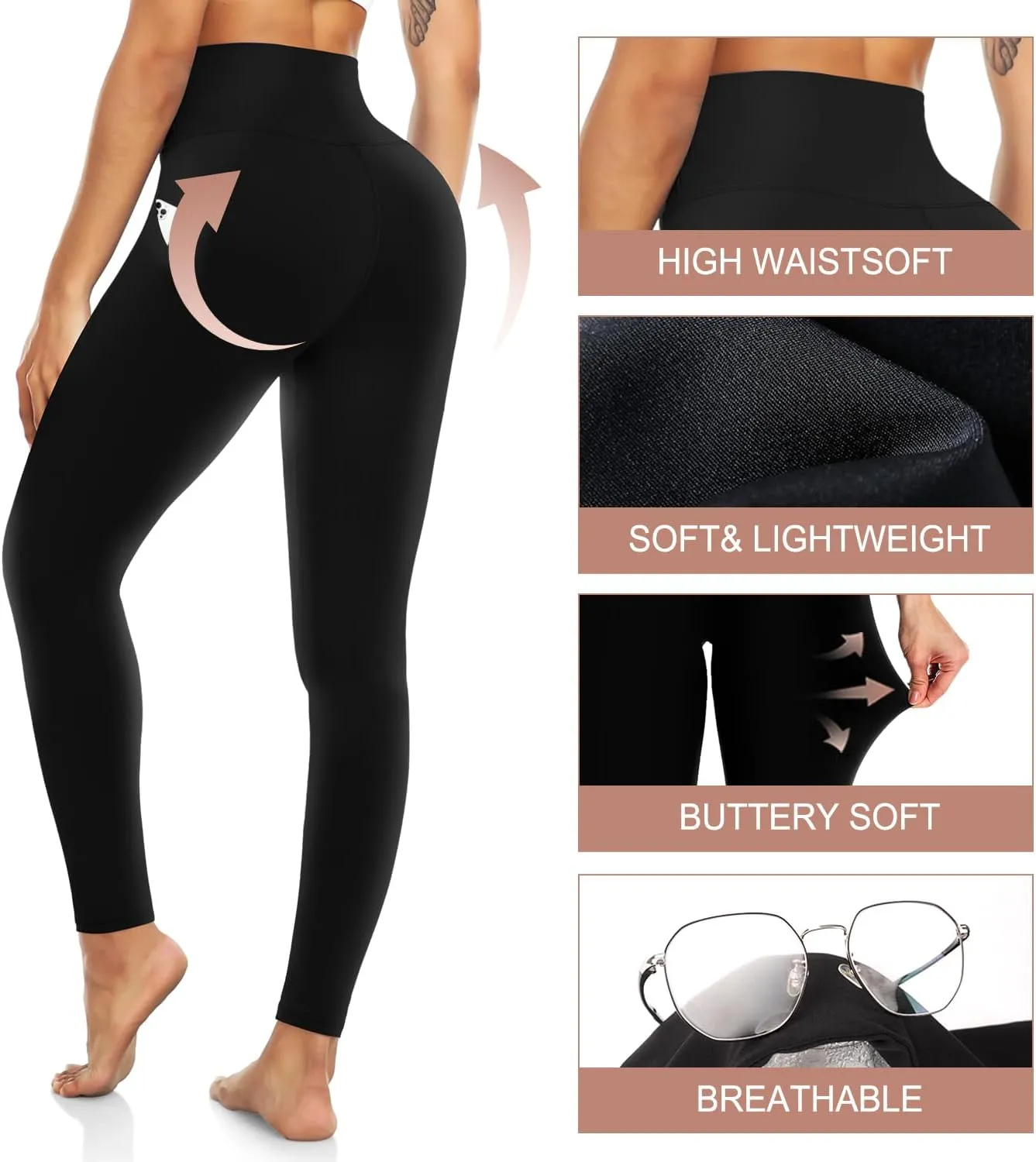5 Pack Leggings for Women High Waisted No See-Through Soft Tummy Control Black Pants for Running Yoga Athletic Workout