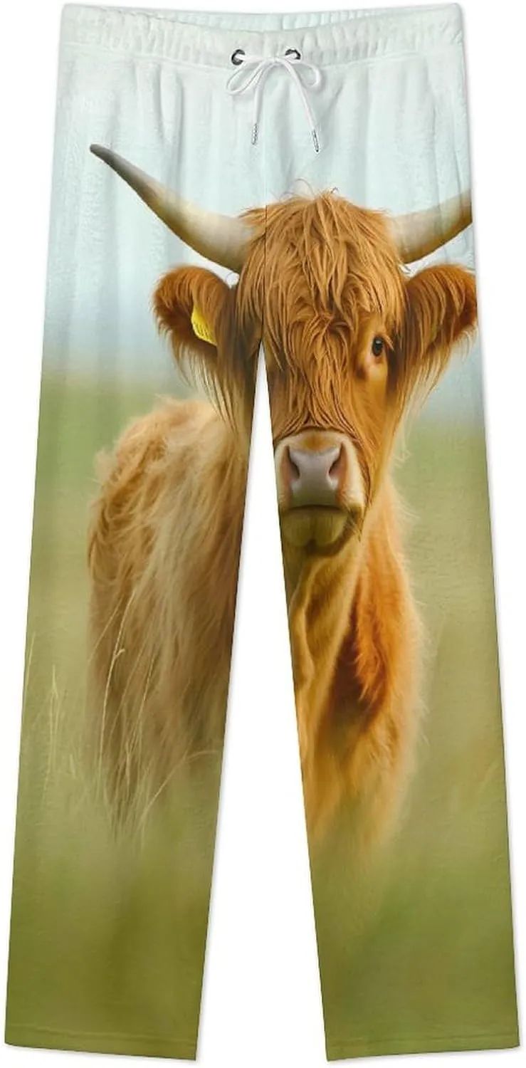 A Highland Cow Womens Flannel Pajama Pants Long Length Sleep Lounge Pants with Drawstring Belt Loungewear