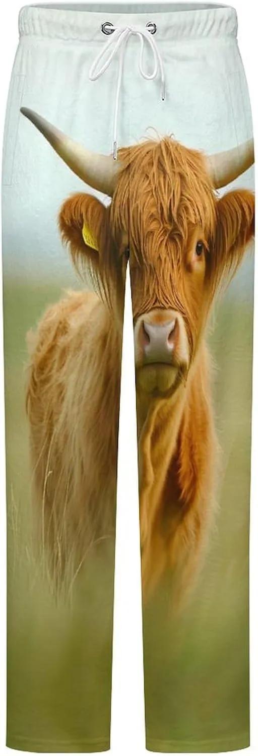 A Highland Cow Womens Flannel Pajama Pants Long Length Sleep Lounge Pants with Drawstring Belt Loungewear