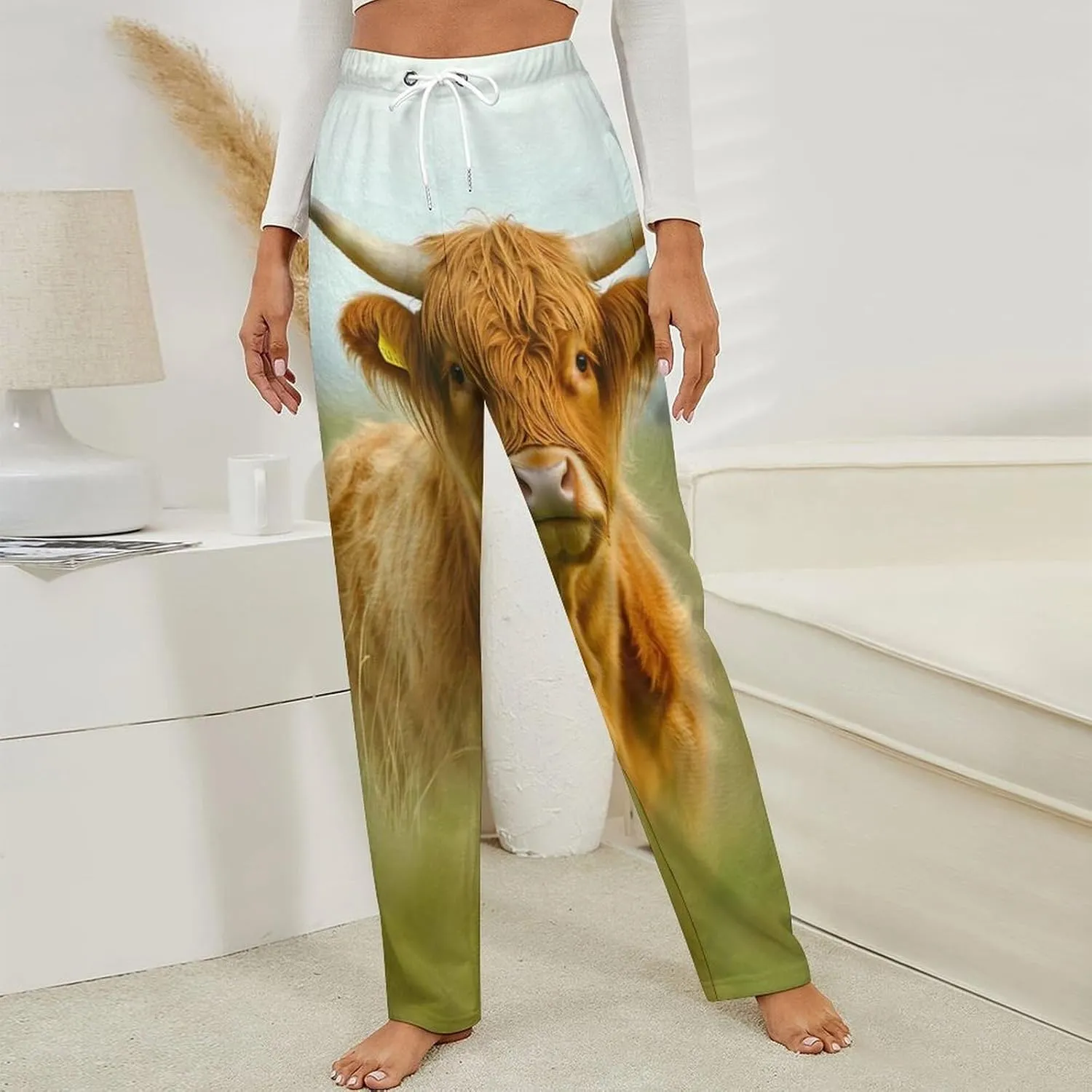 A Highland Cow Womens Flannel Pajama Pants Long Length Sleep Lounge Pants with Drawstring Belt Loungewear