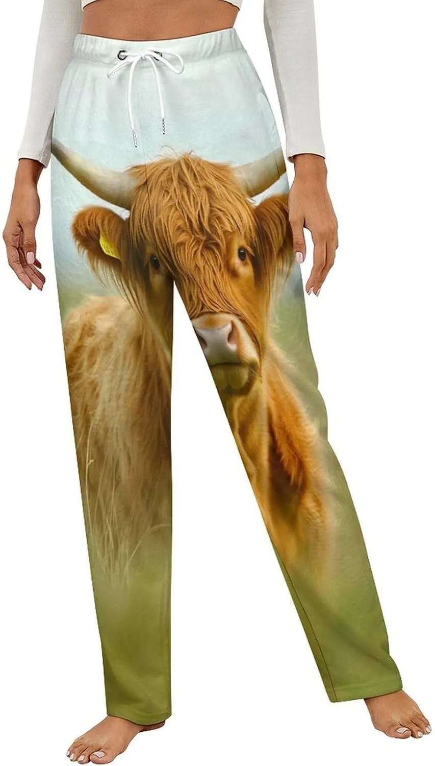 A Highland Cow Womens Flannel Pajama Pants Long Length Sleep Lounge Pants with Drawstring Belt Loungewear