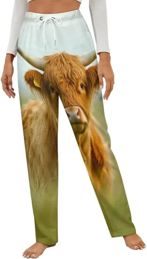 A Highland Cow Womens Flannel Pajama Pants Long Length Sleep Lounge Pants with Drawstring Belt Loungewear