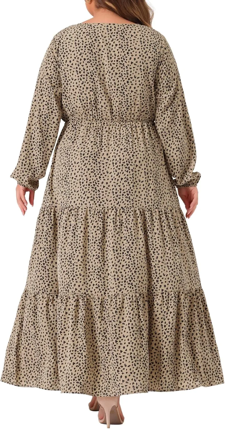 Agnes Orinda Plus Size Women's Polka Dots Long Maxi Dress Lantern Sleeve Ruffle Hem Flowy Boho Dresses