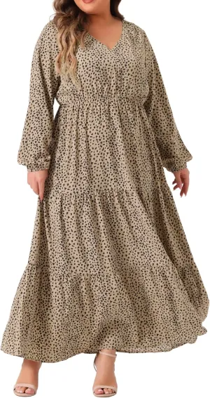 Agnes Orinda Plus Size Women's Polka Dots Long Maxi Dress Lantern Sleeve Ruffle Hem Flowy Boho Dresses
