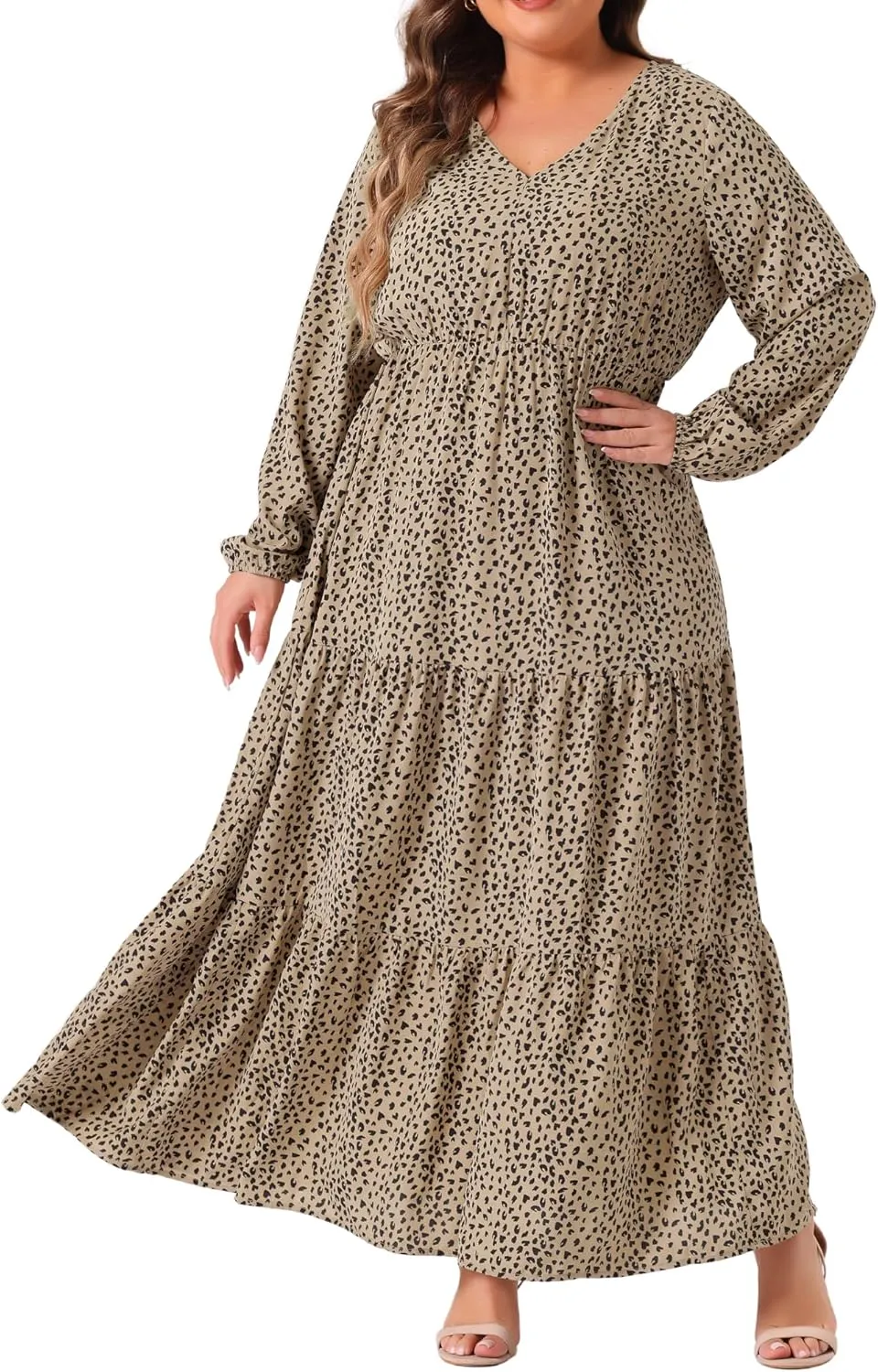 Agnes Orinda Plus Size Women's Polka Dots Long Maxi Dress Lantern Sleeve Ruffle Hem Flowy Boho Dresses