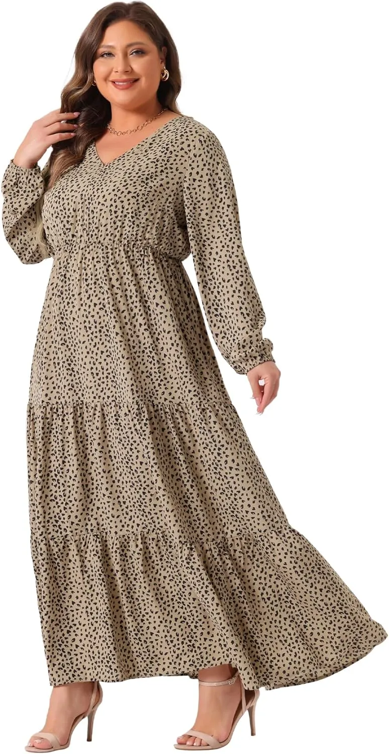 Agnes Orinda Plus Size Women's Polka Dots Long Maxi Dress Lantern Sleeve Ruffle Hem Flowy Boho Dresses