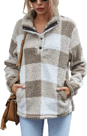 AKEWEI Women Faux Fleece Sweatshirt Fuzzy Button Pullover Coat with Pocket