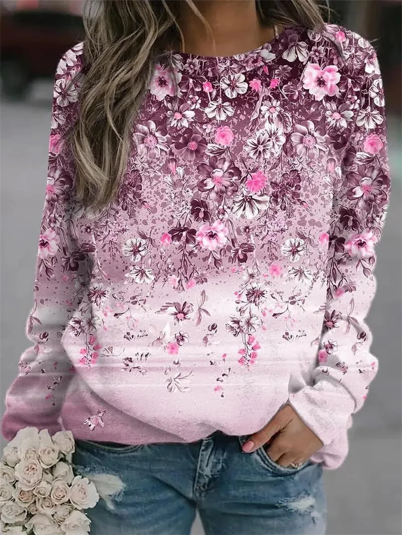 Akivide Women Casual Lightweight Sweatshirt Oversized Floral Print Long Sleeve Crewneck Trendy Graphic Top Pullover