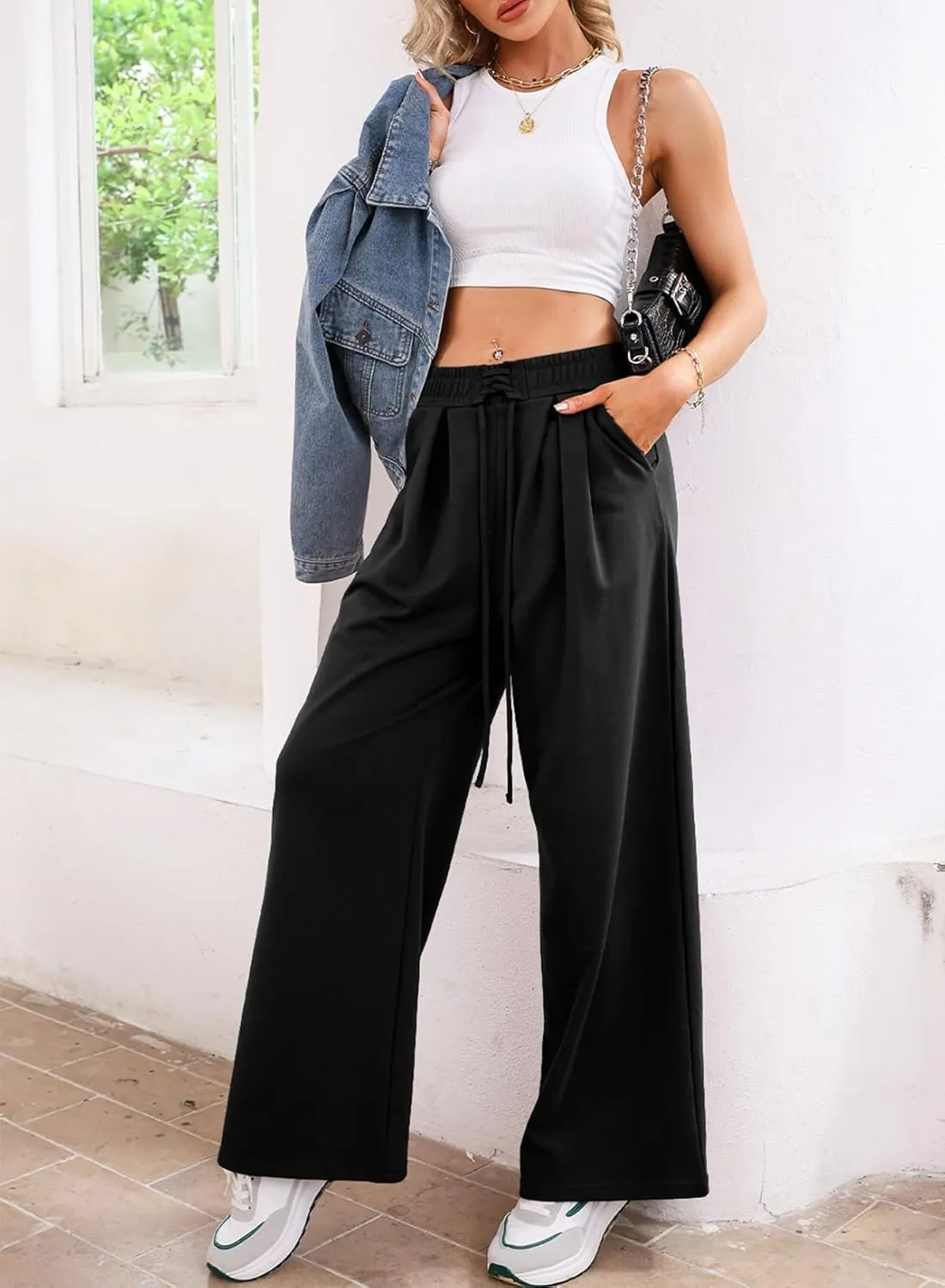 Aleumdr Wide Leg Sweatpants for Women 2025 Trendy Fashion High Waisted Drawstring Loose Long Pants with Pockets