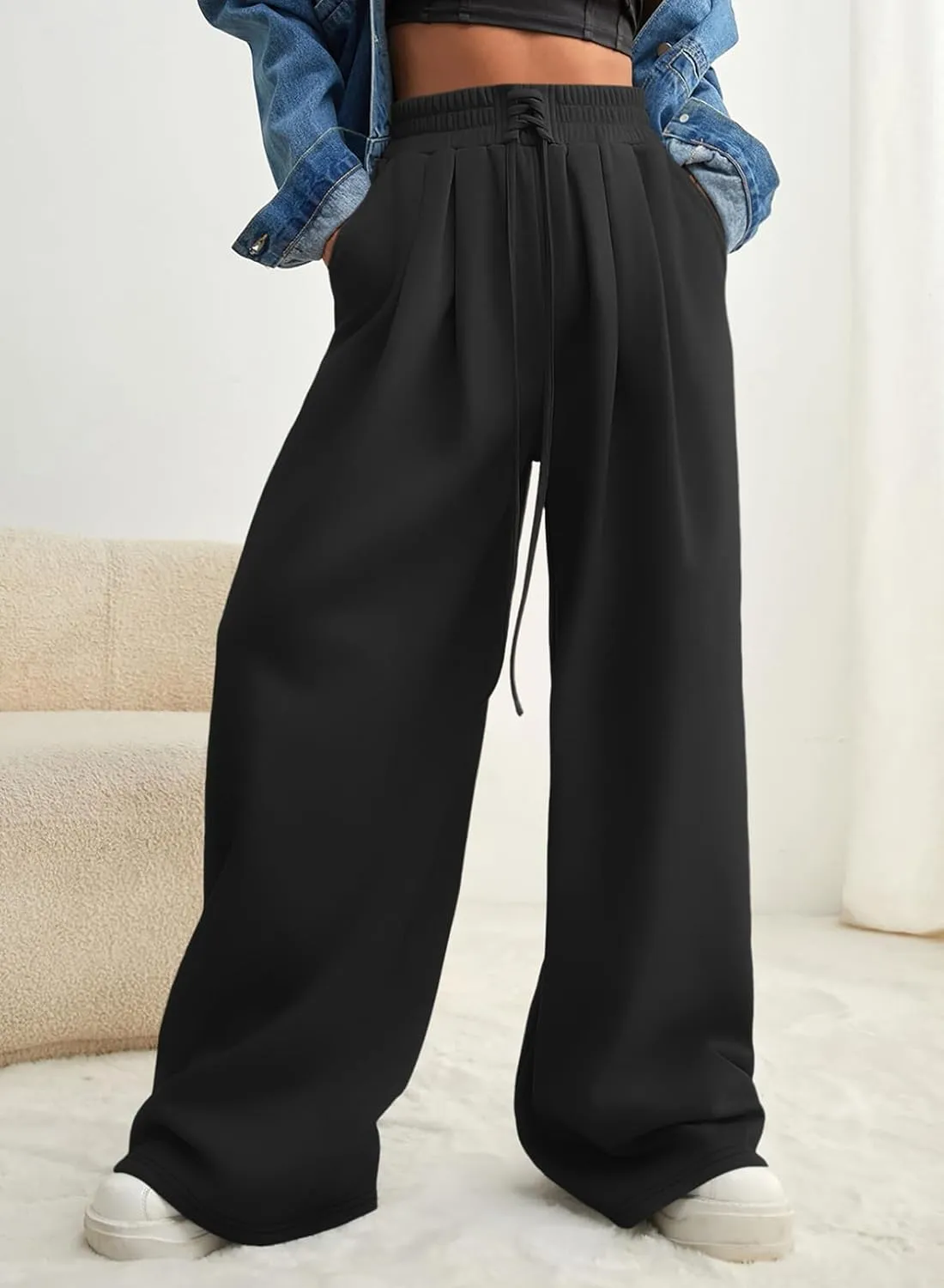 Aleumdr Wide Leg Sweatpants for Women 2025 Trendy Fashion High Waisted Drawstring Loose Long Pants with Pockets