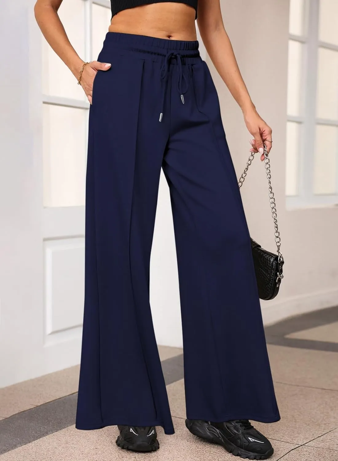 Aleumdr Women's High Waisted Drawstring Waist Wide Leg Sweatpants with Pockets Casual Loose Yoga Pants
