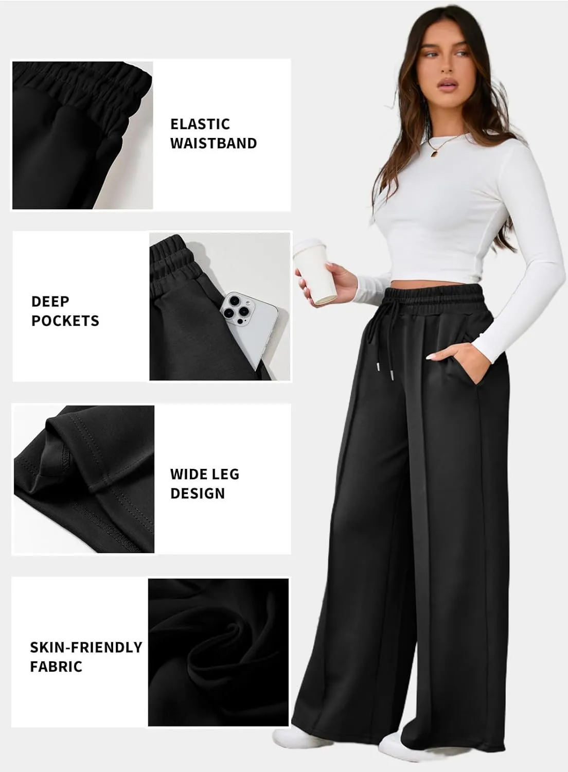 Aleumdr Women's High Waisted Drawstring Waist Wide Leg Sweatpants with Pockets Casual Loose Yoga Pants