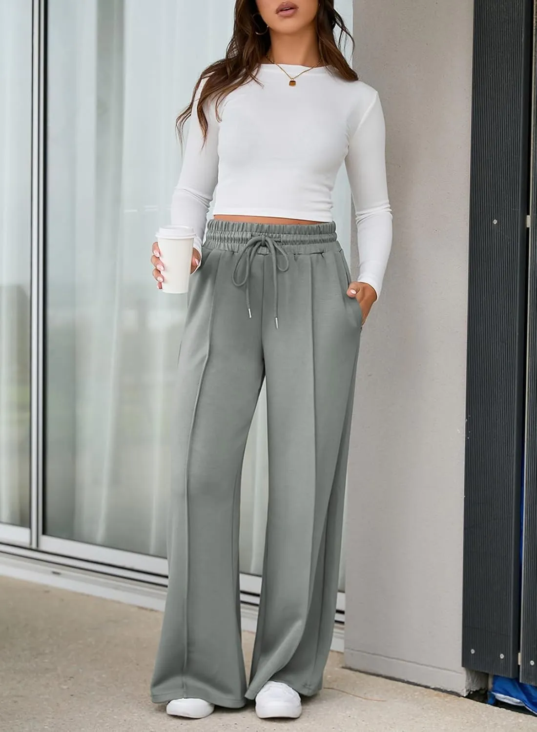 Aleumdr Women's High Waisted Drawstring Waist Wide Leg Sweatpants with Pockets Casual Loose Yoga Pants