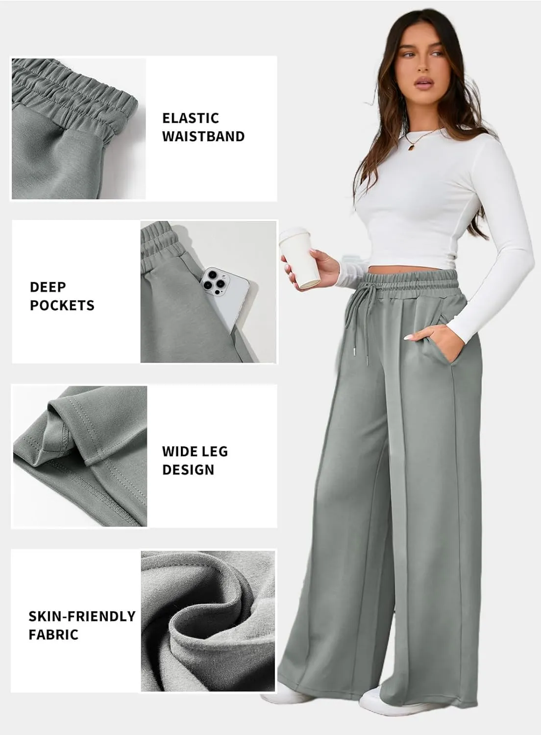 Aleumdr Women's High Waisted Drawstring Waist Wide Leg Sweatpants with Pockets Casual Loose Yoga Pants