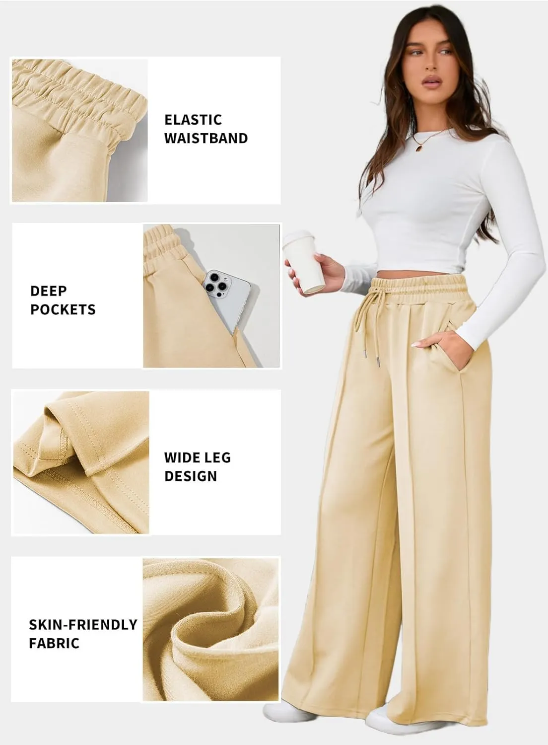 Aleumdr Women's High Waisted Drawstring Waist Wide Leg Sweatpants with Pockets Casual Loose Yoga Pants