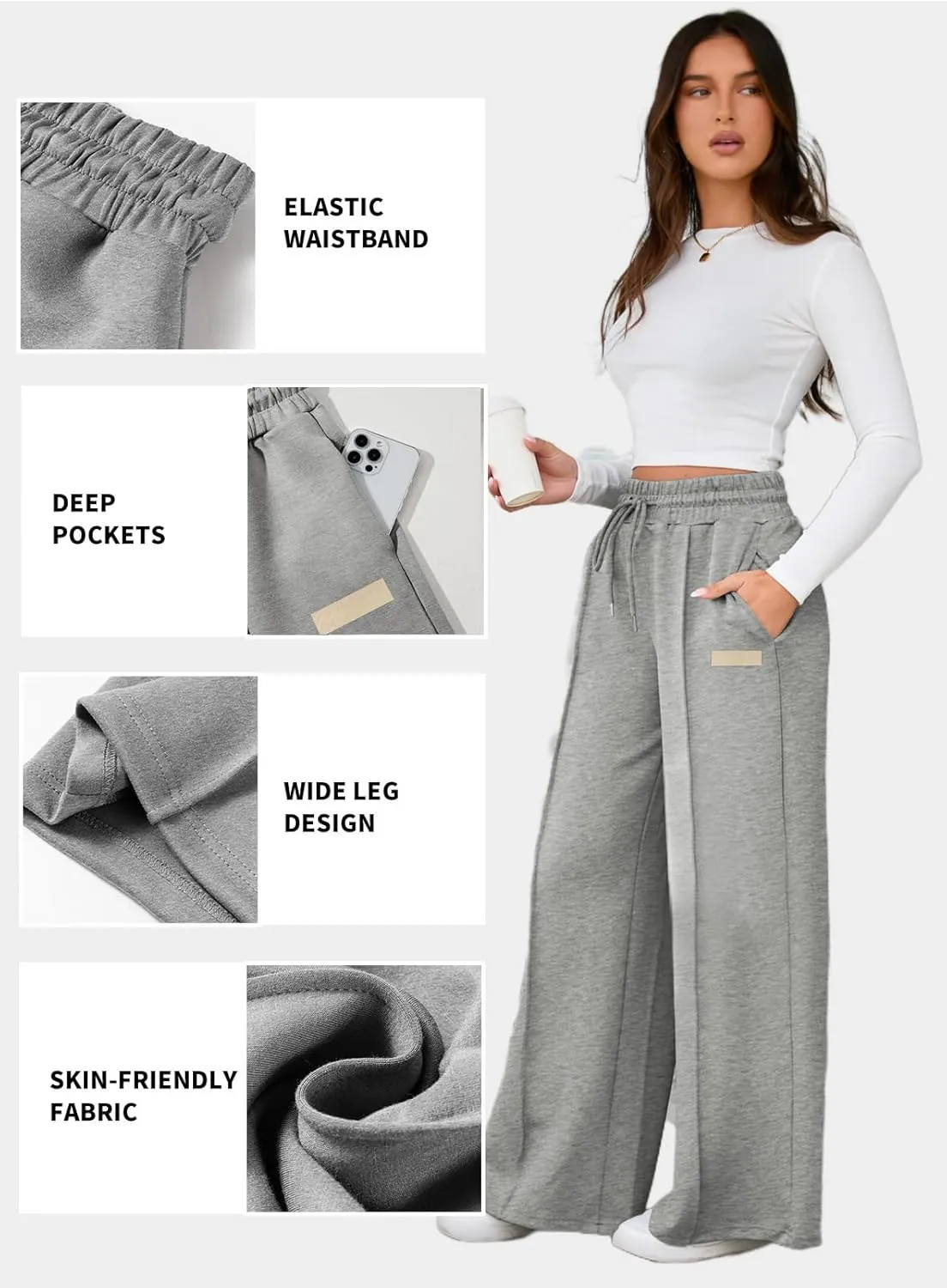 Aleumdr Women's High Waisted Drawstring Waist Wide Leg Sweatpants with Pockets Casual Loose Yoga Pants