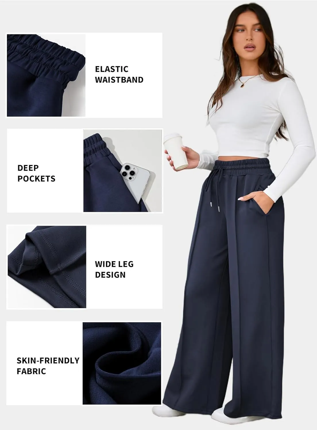 Aleumdr Women's High Waisted Drawstring Waist Wide Leg Sweatpants with Pockets Casual Loose Yoga Pants