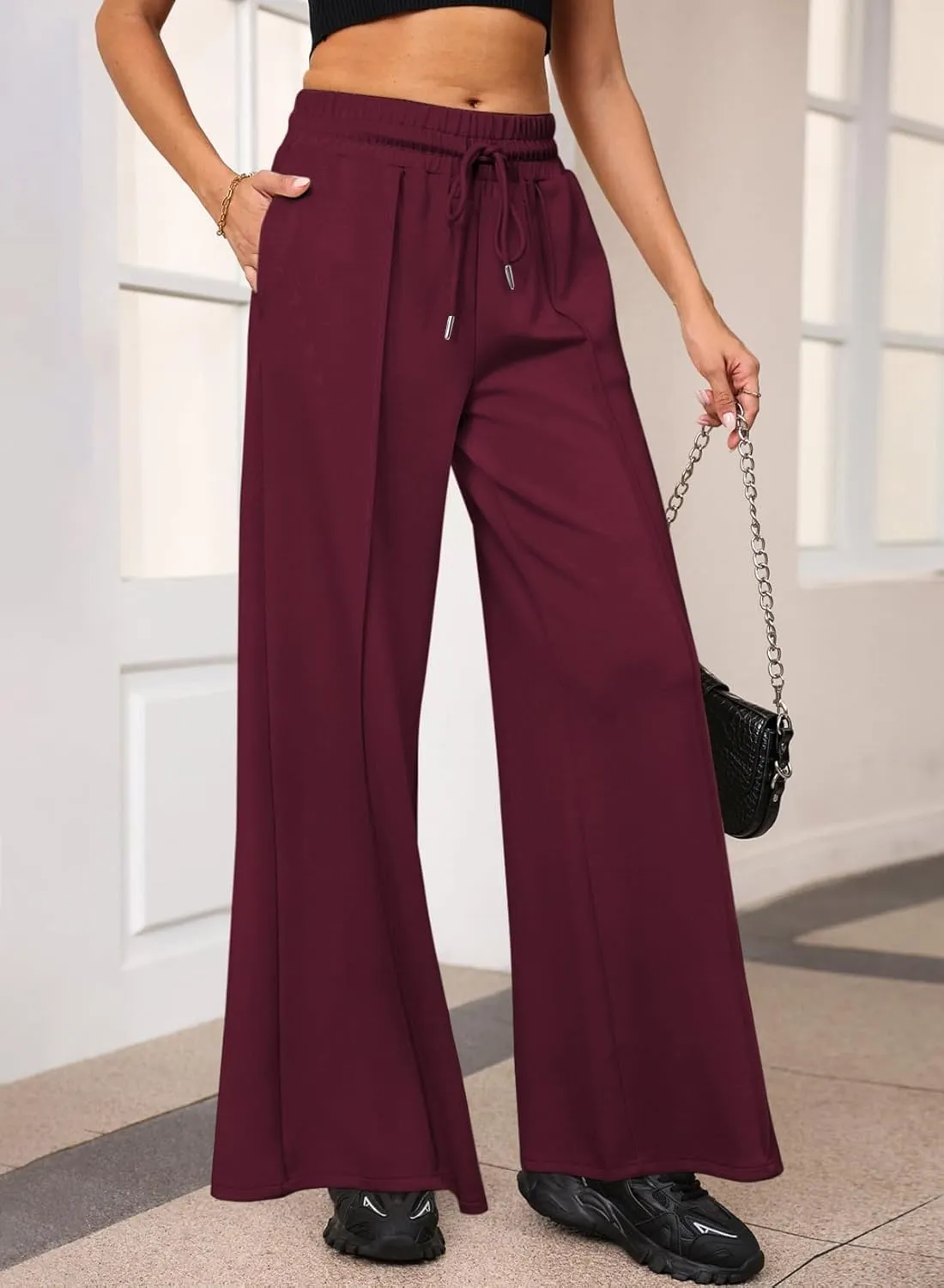 Aleumdr Women's High Waisted Drawstring Waist Wide Leg Sweatpants with Pockets Casual Loose Yoga Pants