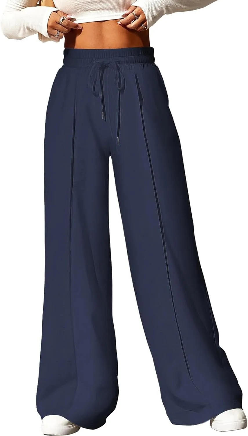 Aleumdr Women's High Waisted Drawstring Waist Wide Leg Sweatpants with Pockets Casual Loose Yoga Pants