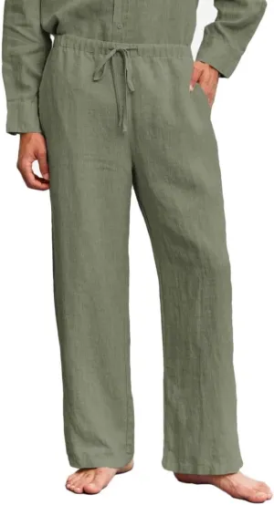 Amazhiyu Men's 100% Linen Summer Casual Elastic Drawstring Loose Pants Pockets