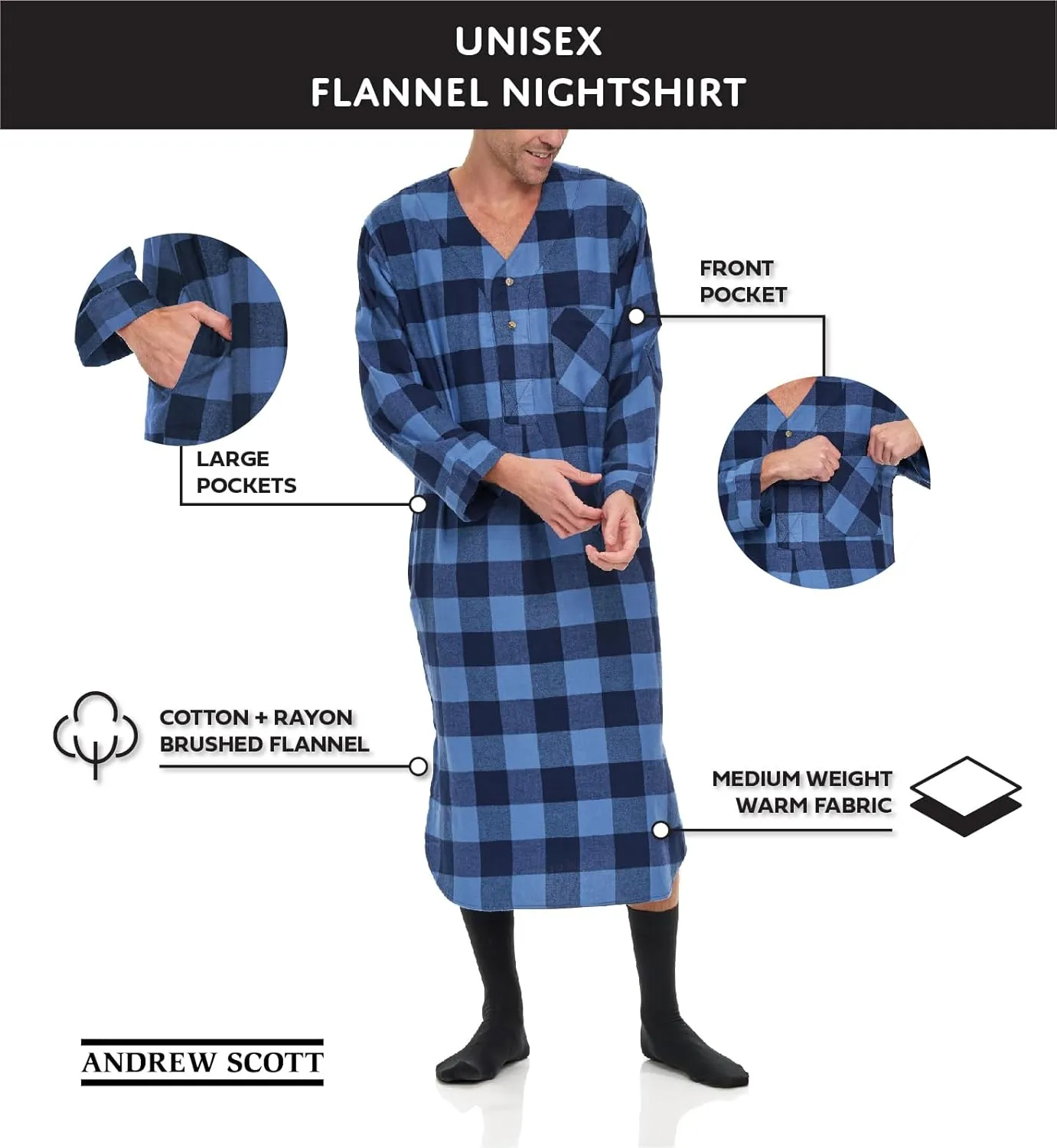 Andrew Scott Men's 2 Pack Lightweight Cotton Flannel Sleep Shirt, Long Henley Nightshirt Pajamas