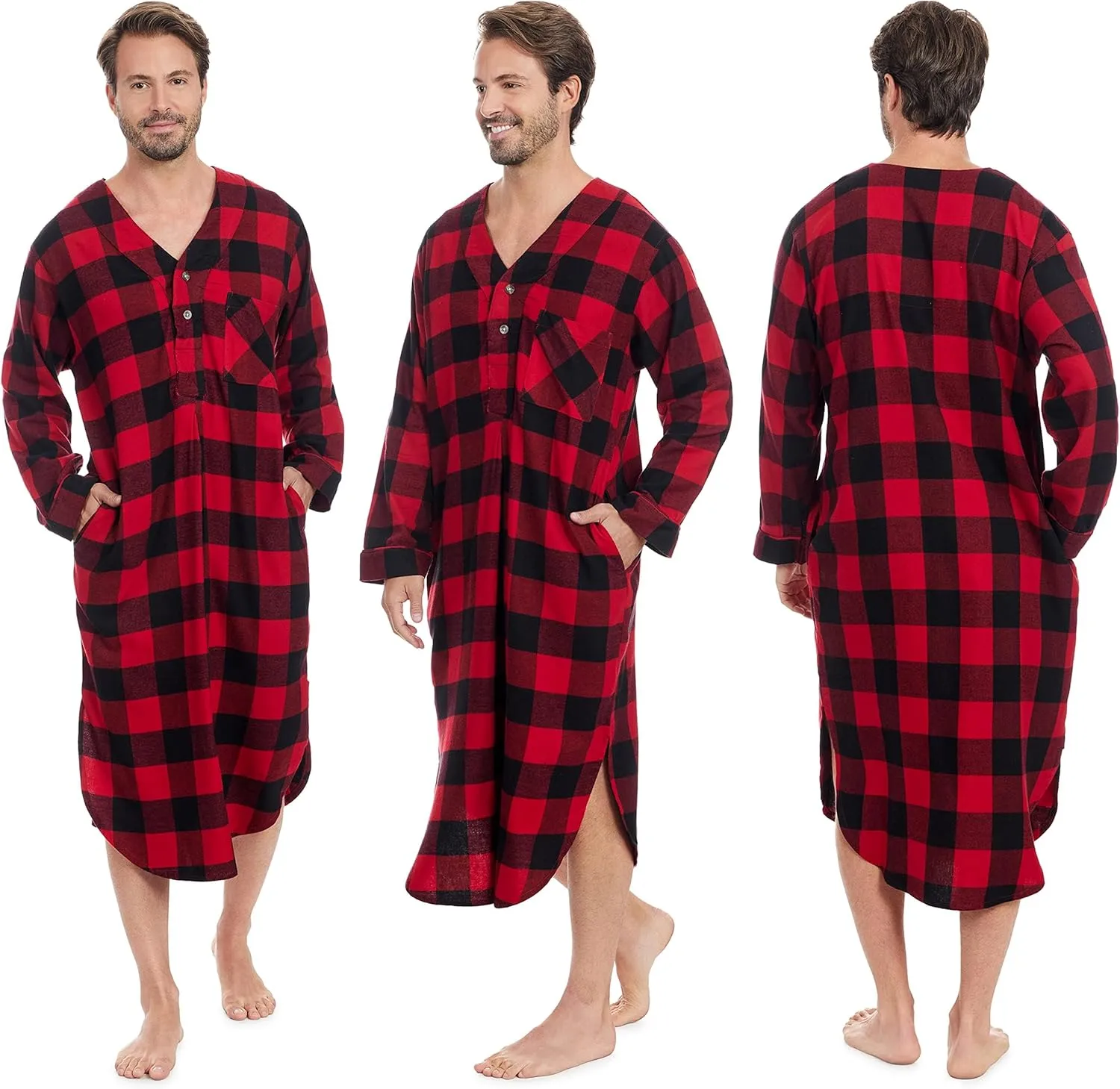 Andrew Scott Men's 2 Pack Lightweight Cotton Flannel Sleep Shirt, Long Henley Nightshirt Pajamas