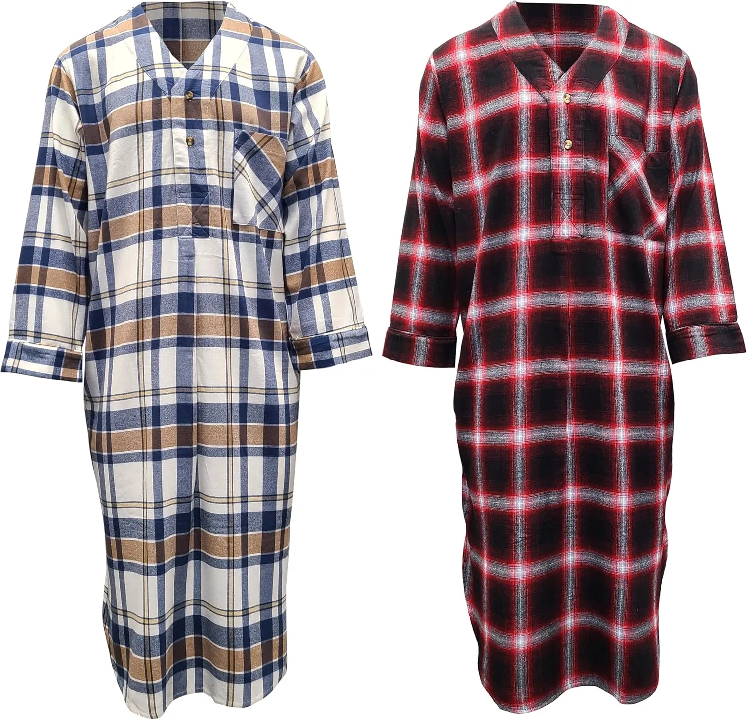 Andrew Scott Men's 2 Pack Lightweight Cotton Flannel Sleep Shirt, Long Henley Nightshirt Pajamas