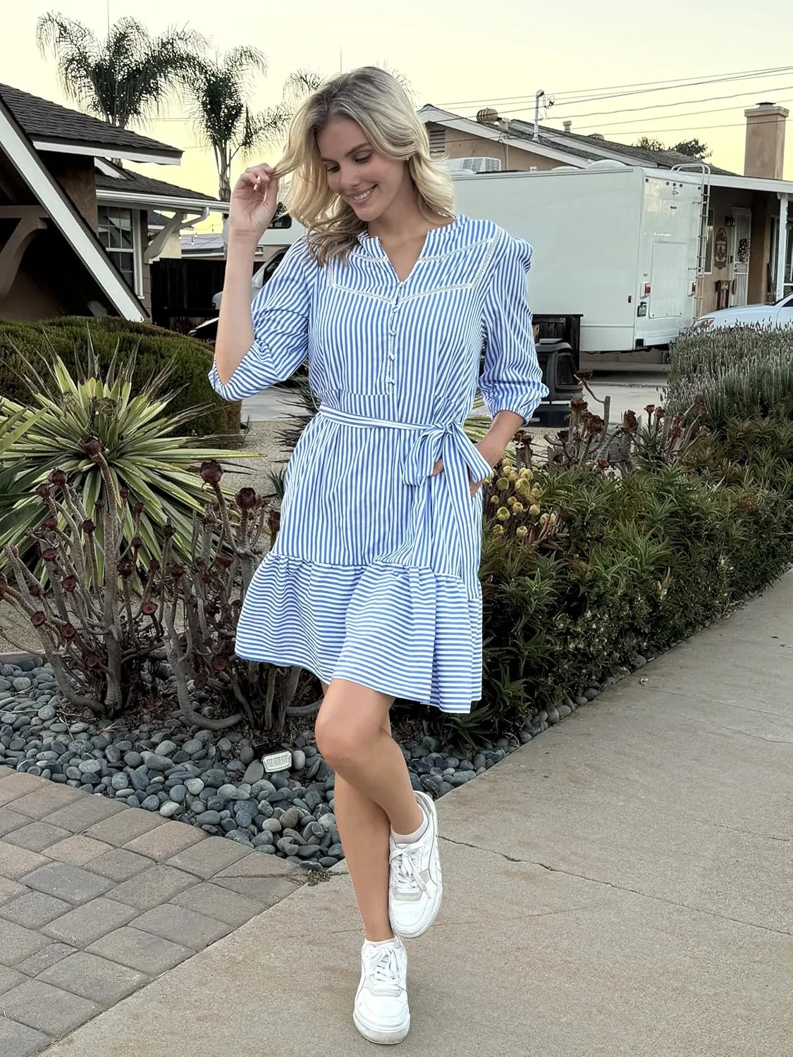 Angashion Women Striped Shirt Dress: Casual V Neck Button Down 3/4 Sleeve Belted Midi Dress Ruffle Flowy with Pockets