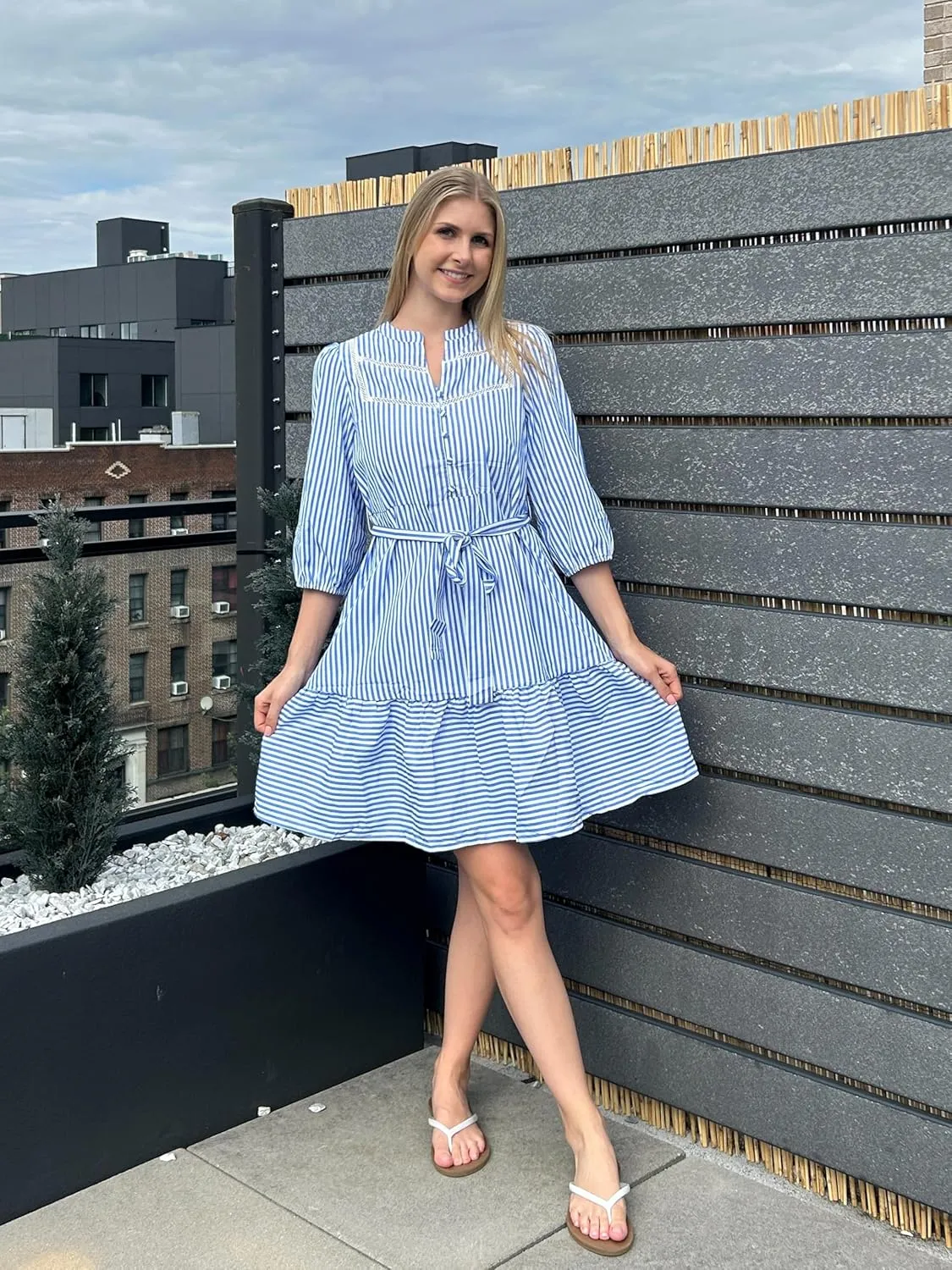 Angashion Women Striped Shirt Dress: Casual V Neck Button Down 3/4 Sleeve Belted Midi Dress Ruffle Flowy with Pockets