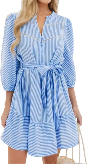 Angashion Women Striped Shirt Dress: Casual V Neck Button Down 3/4 Sleeve Belted Midi Dress Ruffle Flowy with Pockets
