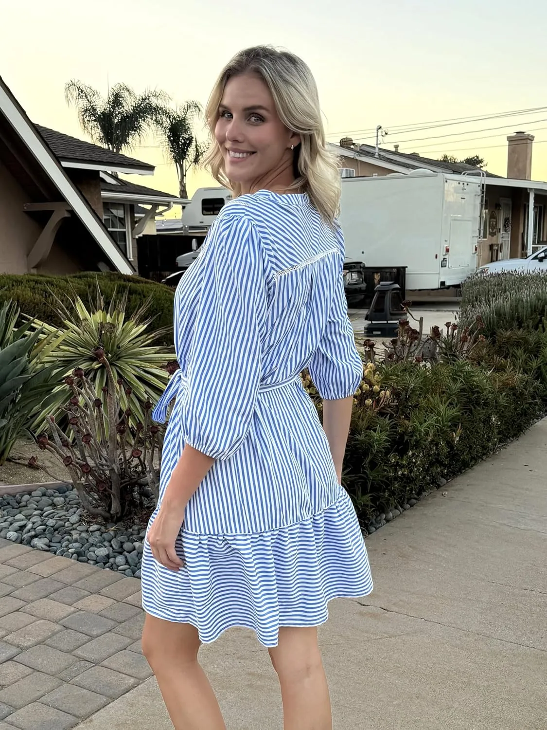 Angashion Women Striped Shirt Dress: Casual V Neck Button Down 3/4 Sleeve Belted Midi Dress Ruffle Flowy with Pockets