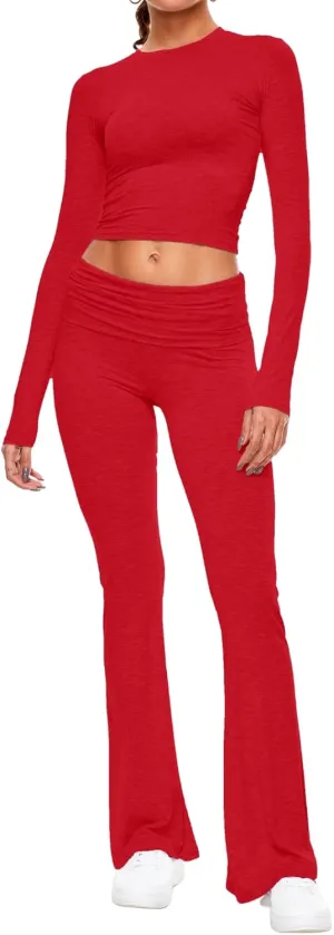 AnotherChill Women's 2 Piece Lounge Sets Fold-over Flare Pants Set Long Sleeve Cropped Top Casual Outfits Pajamas