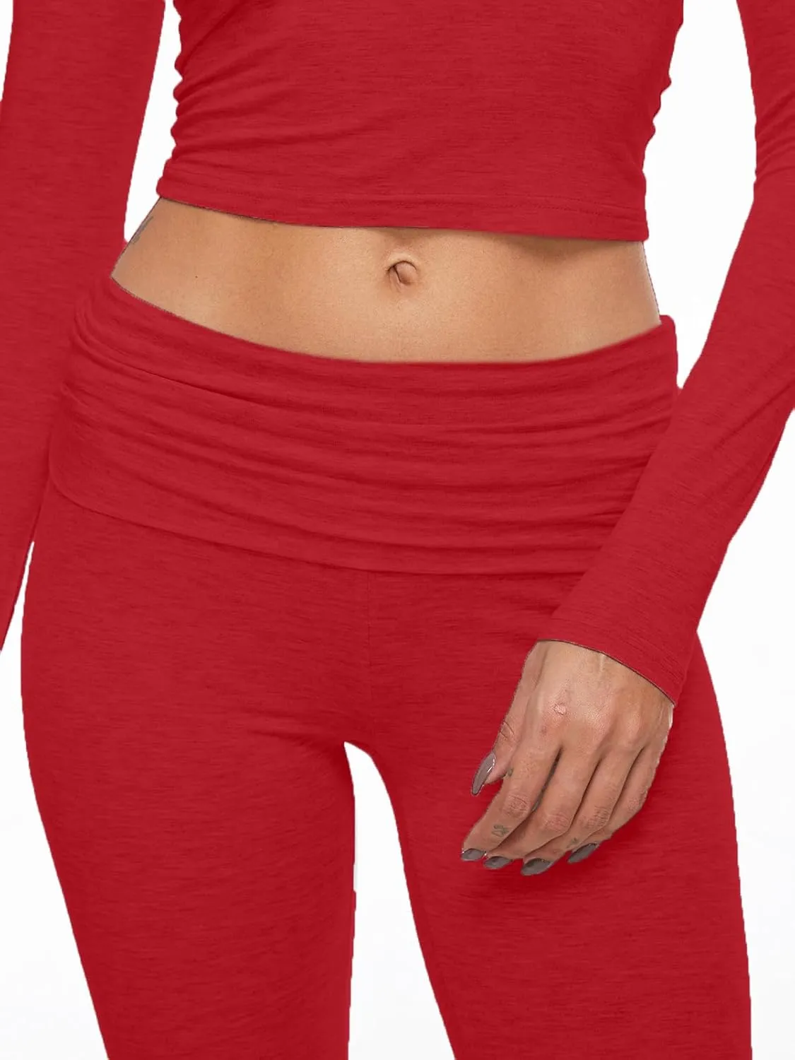 AnotherChill Women's 2 Piece Lounge Sets Fold-over Flare Pants Set Long Sleeve Cropped Top Casual Outfits Pajamas
